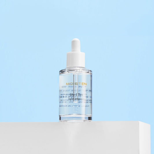 Hyaluronic Acid Hydrating Ampoule – Moisten Hyal Ten Light Serum 30ml in a clear dropper bottle.