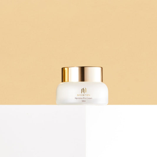 Moisten Pro Cream jar, a deep moisturizing cream for sensitive skin with a gold lid and modern design.