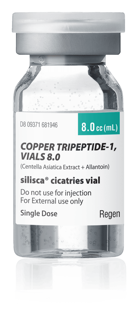 Silisca Copper Tripeptide Skin Repair Ampoule 8.0 vial for skin regeneration and elasticity improvement.