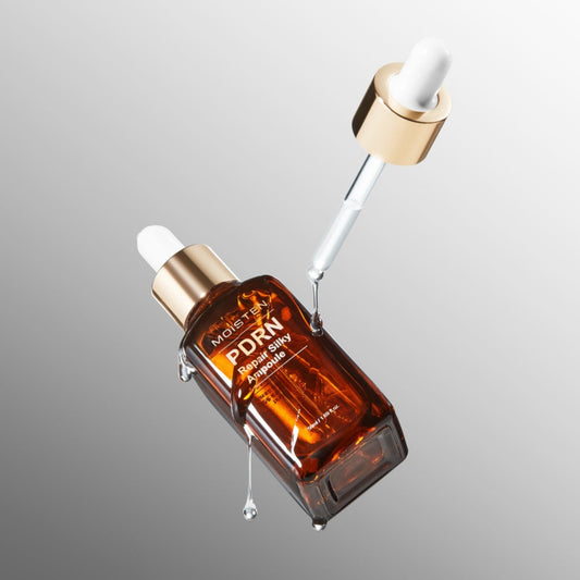 Moisten PDRN revitalizing ampoule in brown glass bottle with droppers showcasing hydrating serum.