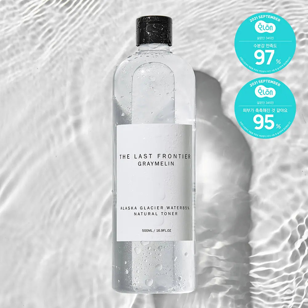 GRAYMELIN Alaska Natural Toner 500ml with Alaska glacier water toner label over water background