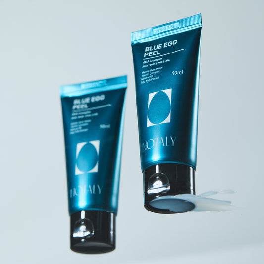NOTALY Blue Egg Peel gentle exfoliating gel in blue packaging with cream texture on a white background.