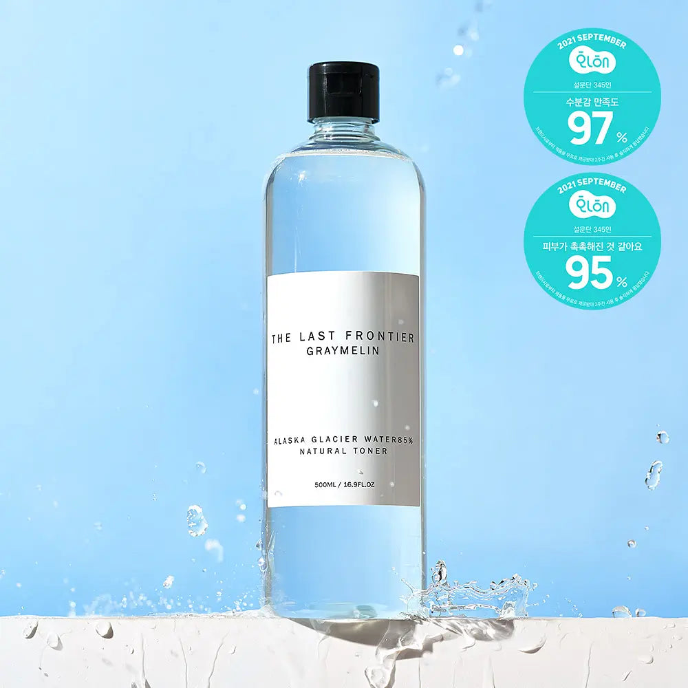 GRAYMELIN Alaska Natural Toner 500ml featuring Alaska glacier water toner on a blue background with water splashes.
