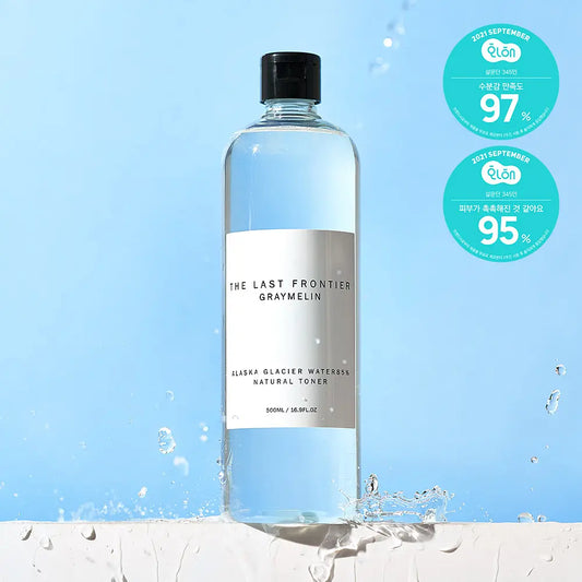 GRAYMELIN Alaska Natural Toner 500ml featuring Alaska glacier water toner on a blue background with water splashes.