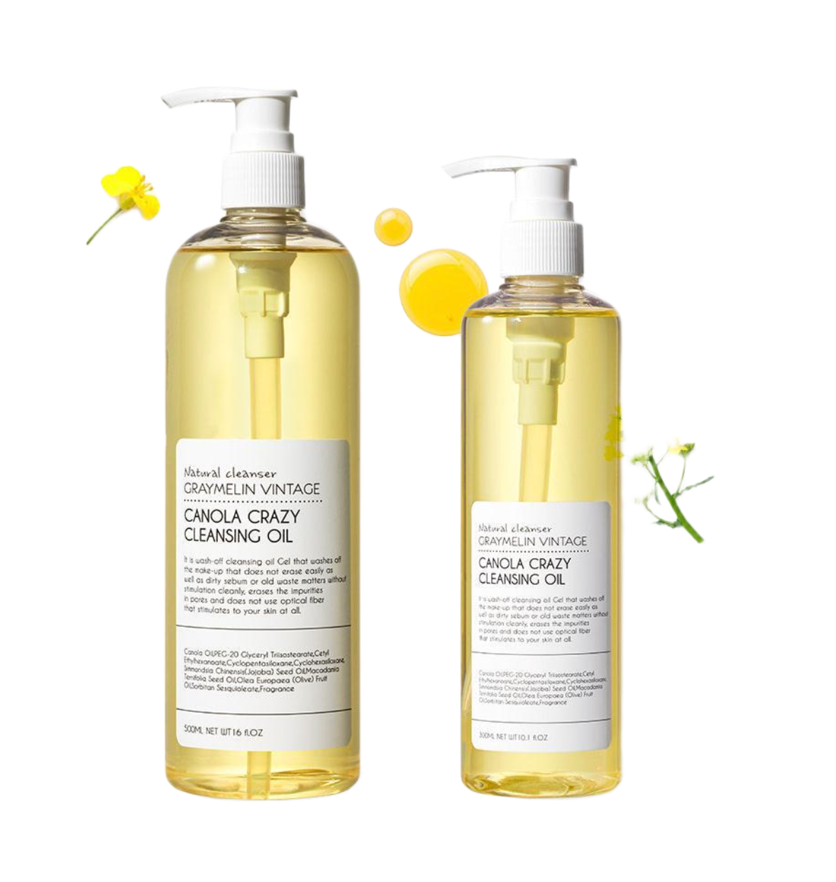 Canola cleansing oil duo bottles with pump, GRAYMELIN vintage, for makeup removal and skin cleansing.