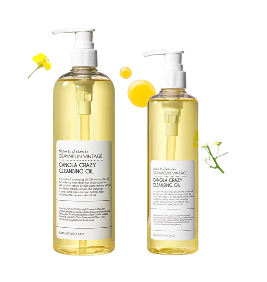 Canola cleansing oil duo bottles with pump, GRAYMELIN vintage, for makeup removal and skin cleansing.